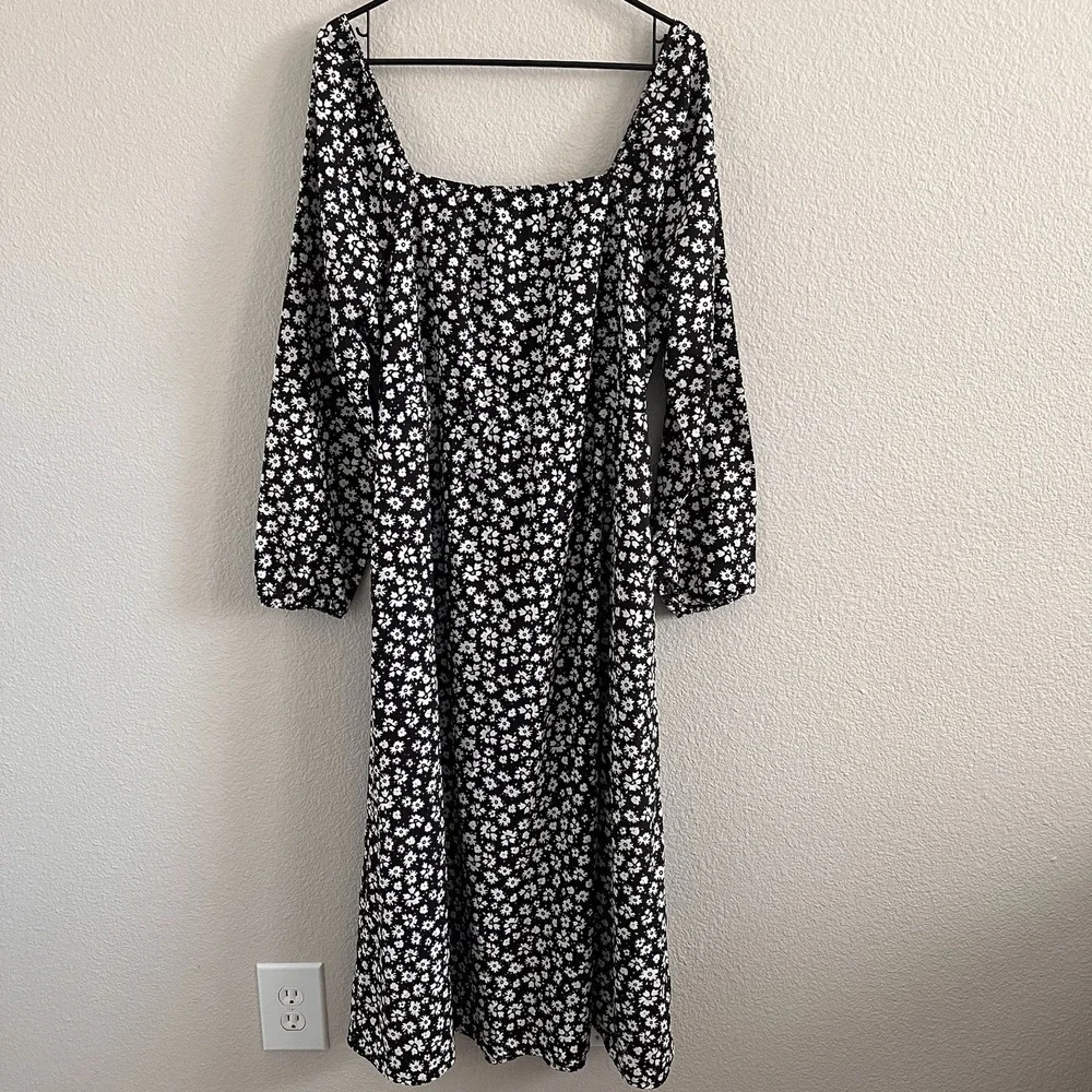Women's 2XL midi Smocked Puff sleeve Black white floral dress cottage Milkmaid - Picture 1 of 6